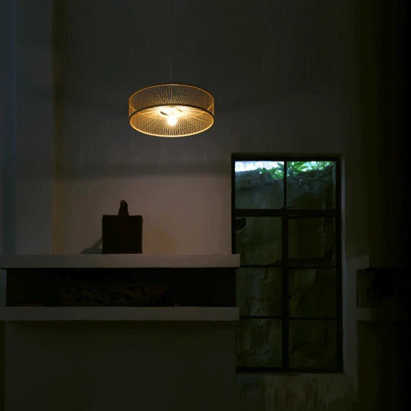 Adjustable Arch, Natural Weave Shade, Warm Ambient Lighting