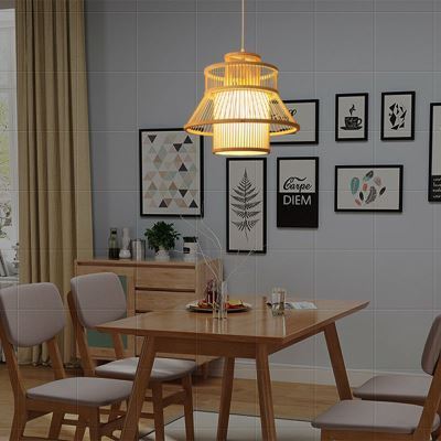 Boho Bamboo Pendant Light – Textured Natural Shade with Dimmable Warm Light