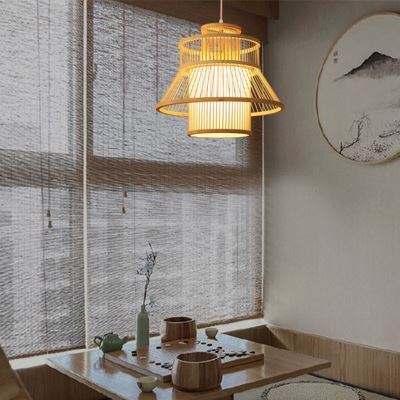 Boho Bamboo Pendant Light – Textured Natural Shade with Dimmable Warm Light
